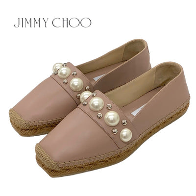 ジミーチュウ JIMMY CHOO DRU フラットシューズ 靴 シューズ レザー ピンクベージュ ホワイト 未使用 エスパドリーユ パール