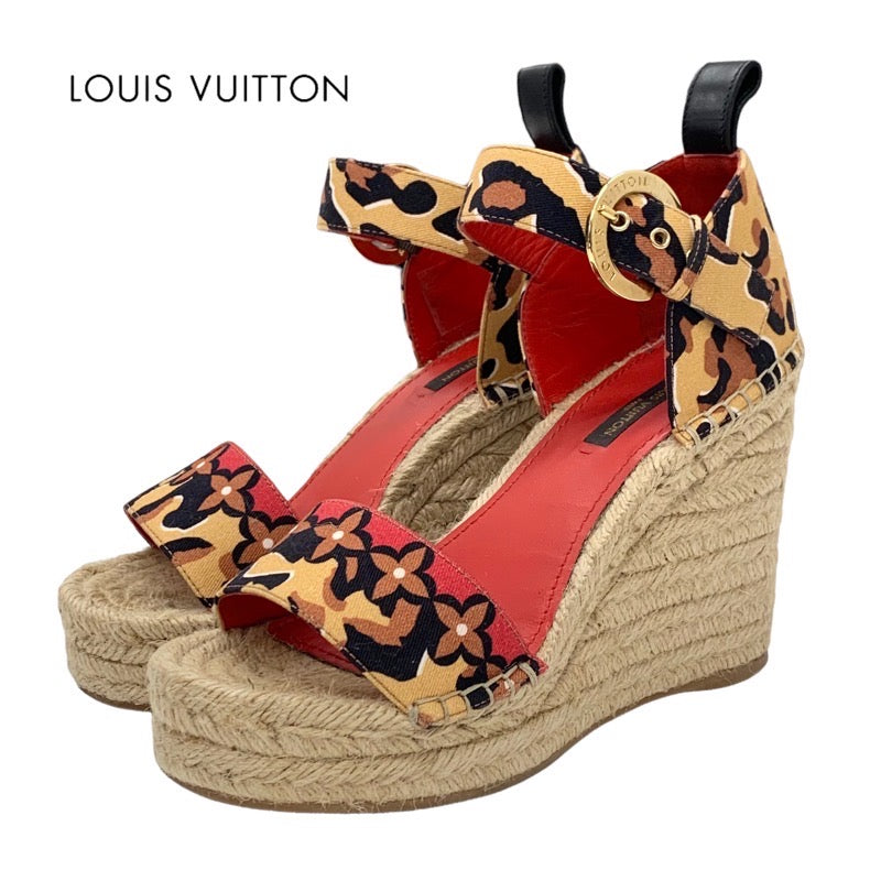 Louis Vuitton Sandals Shoes Canvas Brown Black Red Leopard Espadrille Wedge Sole Monogram Flower