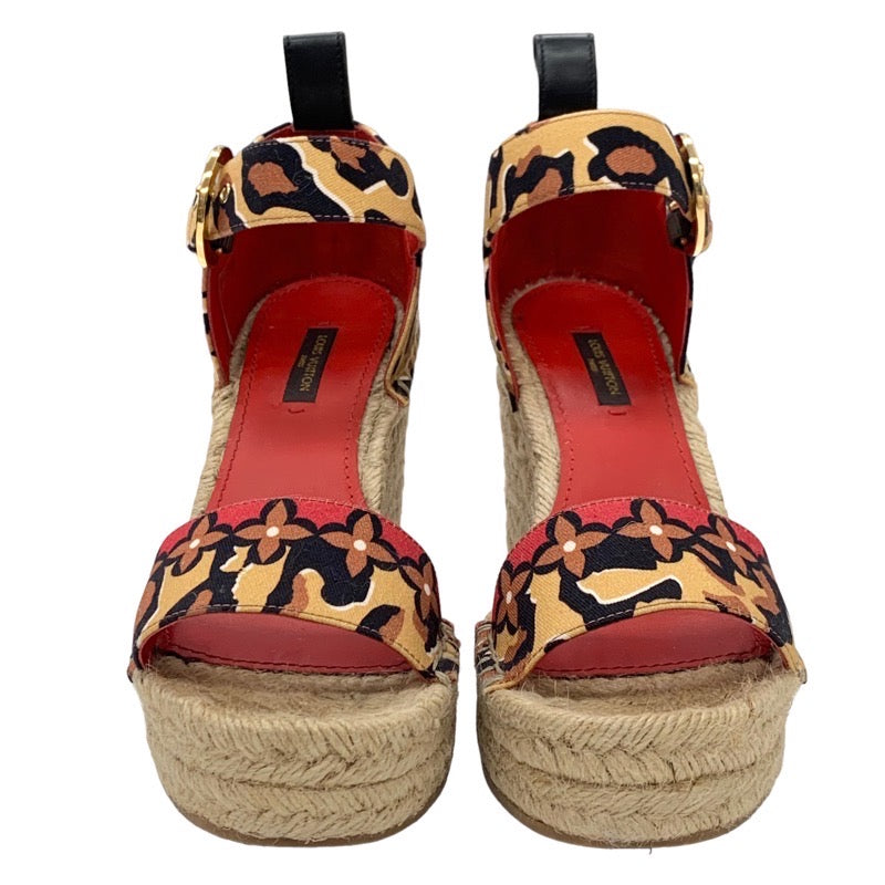 Louis Vuitton Sandals Shoes Canvas Brown Black Red Leopard Espadrille Wedge Sole Monogram Flower