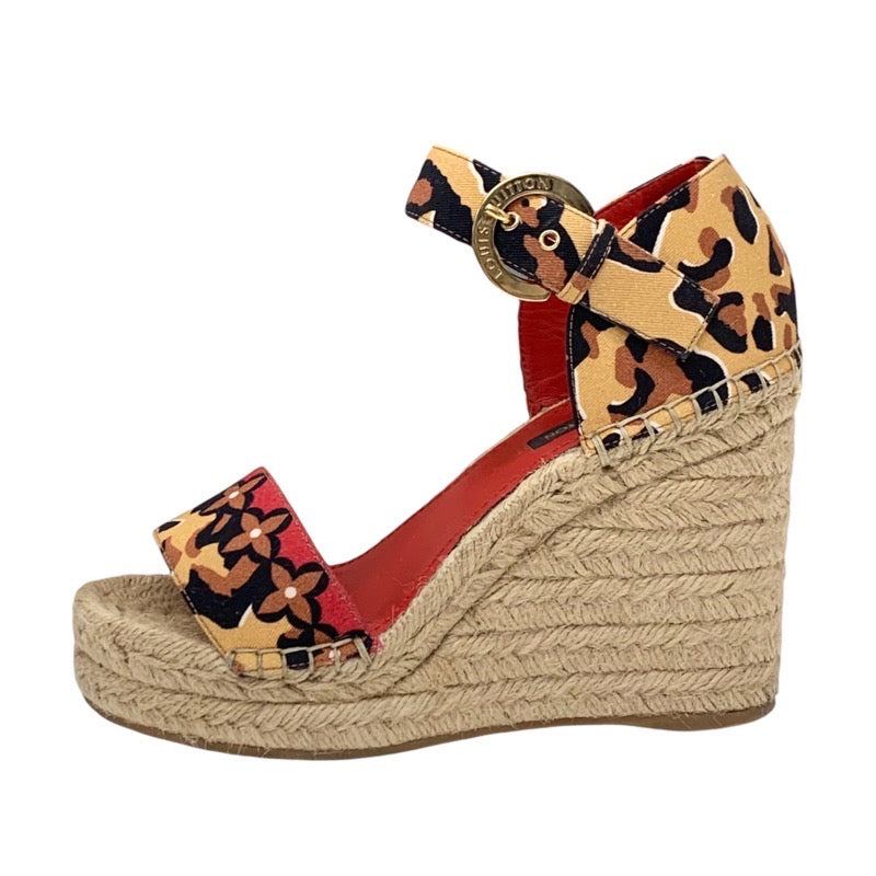 Louis Vuitton Sandals Shoes Canvas Brown Black Red Leopard Espadrille Wedge Sole Monogram Flower