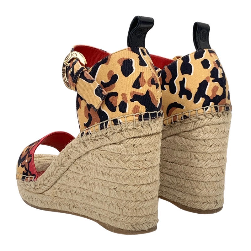 Louis Vuitton Sandals Shoes Canvas Brown Black Red Leopard Espadrille Wedge Sole Monogram Flower