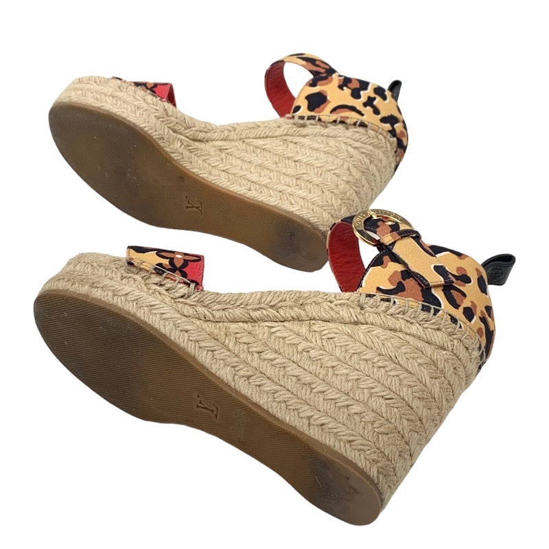 Louis Vuitton Sandals Shoes Canvas Brown Black Red Leopard Espadrille Wedge Sole Monogram Flower