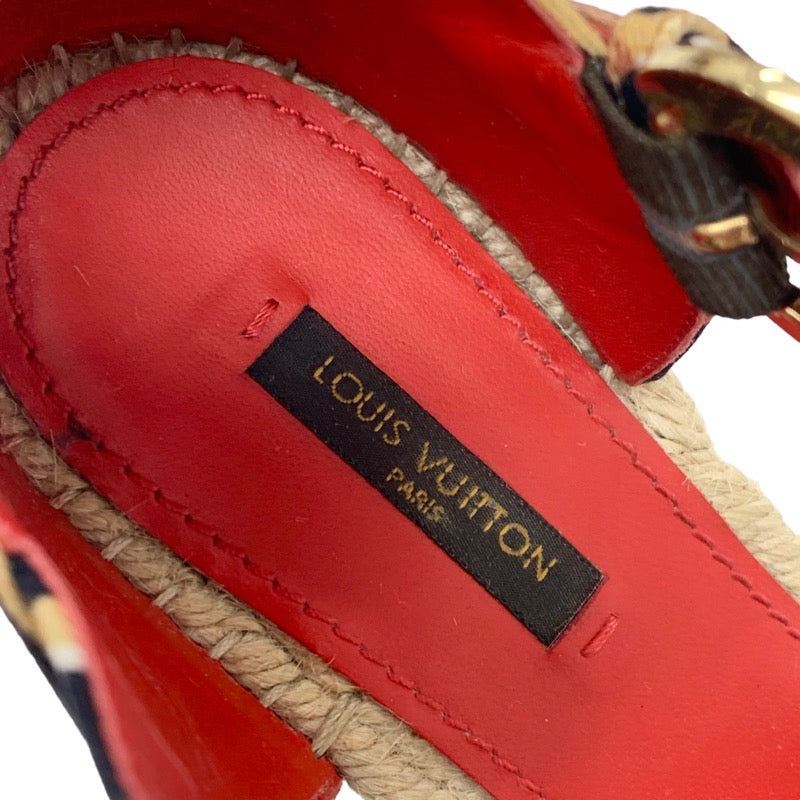 Louis Vuitton Sandals Shoes Canvas Brown Black Red Leopard Espadrille Wedge Sole Monogram Flower