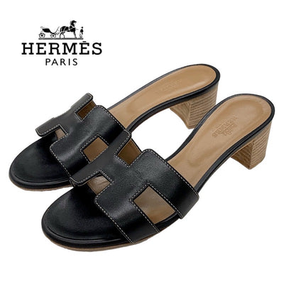 Hermes Oazis Sandals Shoes Leather Black Mules