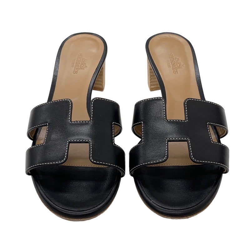 Hermes Oazis Sandals Shoes Leather Black Mules