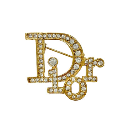 クリスチャンディオール CHRISTIAN DIOR ブローチ コサージュ ロゴ ラインストーン ゴールド