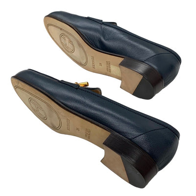 エルメス HERMES ローファー 革靴 靴 シューズ レザー ネイビー系 ゴールド モカシン シェーヌダンクル