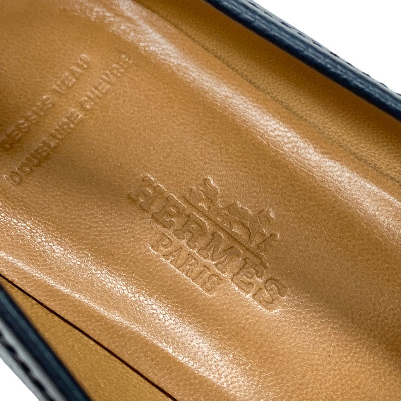 エルメス HERMES ローファー 革靴 靴 シューズ レザー ネイビー系 ゴールド モカシン シェーヌダンクル