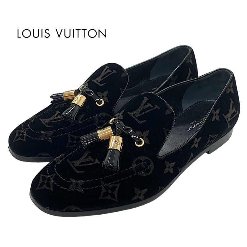 ルイヴィトン LOUIS VUITTON モノグラム フラットシューズ 靴 シューズ ベロア パテント ブラック 黒 ゴールド ローファー オペラシューズ タッセル