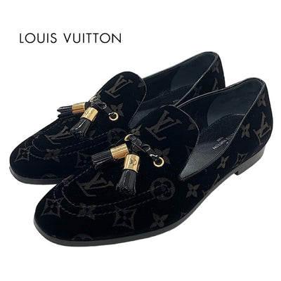 ルイヴィトン LOUIS VUITTON モノグラム フラットシューズ 靴 シューズ ベロア パテント ブラック 黒 ゴールド ローファー オペラシューズ タッセル