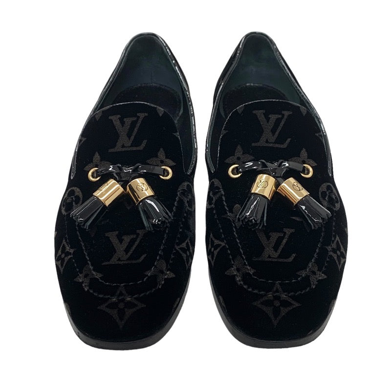 ルイヴィトン LOUIS VUITTON モノグラム フラットシューズ 靴 シューズ ベロア パテント ブラック 黒 ゴールド ローファー オペラシューズ タッセル
