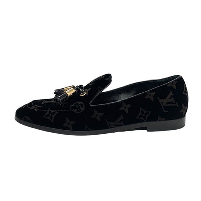 ルイヴィトン LOUIS VUITTON モノグラム フラットシューズ 靴 シューズ ベロア パテント ブラック 黒 ゴールド ローファー オペラシューズ タッセル
