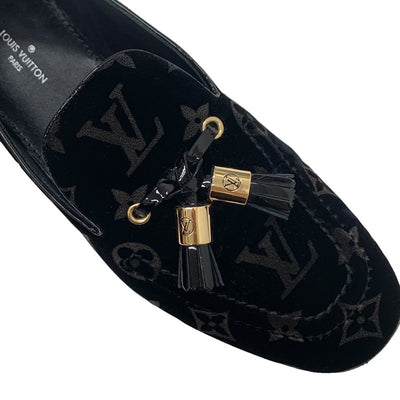 ルイヴィトン LOUIS VUITTON モノグラム フラットシューズ 靴 シューズ ベロア パテント ブラック 黒 ゴールド ローファー オペラシューズ タッセル