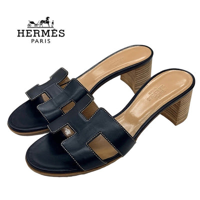 Hermes Oazis Sandals Shoes Leather Black Mules