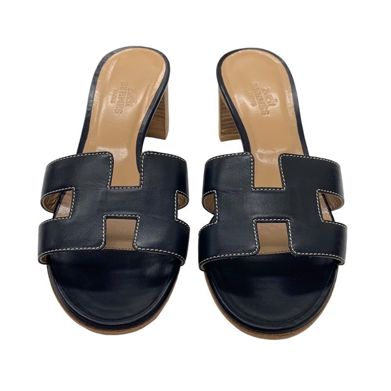 Hermes Oazis Sandals Shoes Leather Black Mules