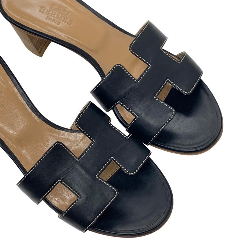 Hermes Oazis Sandals Shoes Leather Black Mules