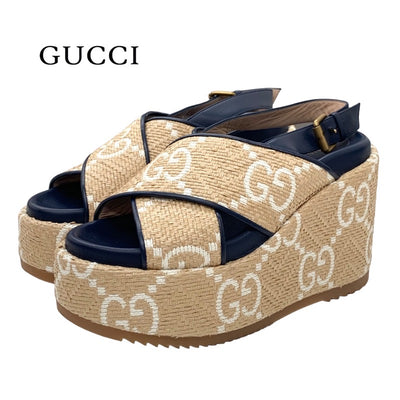 Gucci Sandals, Shoes, Leather, Straws, Beige, Navy, White, GG Logo, Thick Sole, Platform, Slingback