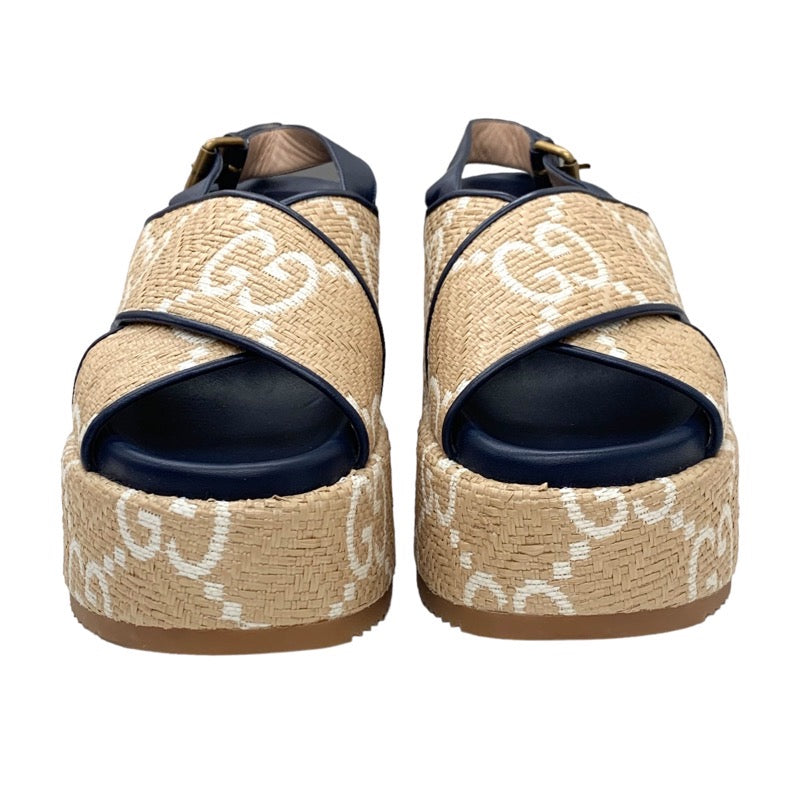 Gucci Sandals, Shoes, Leather, Straws, Beige, Navy, White, GG Logo, Thick Sole, Platform, Slingback