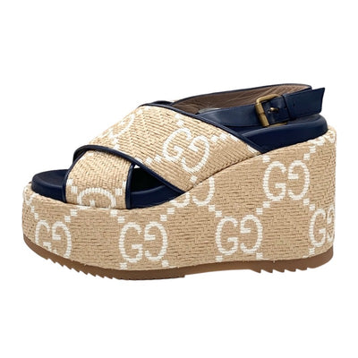 Gucci Sandals, Shoes, Leather, Straws, Beige, Navy, White, GG Logo, Thick Sole, Platform, Slingback