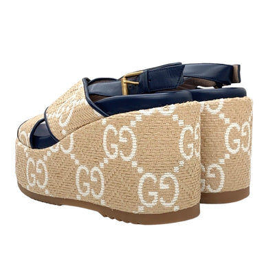 Gucci Sandals, Shoes, Leather, Straws, Beige, Navy, White, GG Logo, Thick Sole, Platform, Slingback