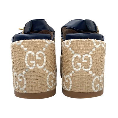 Gucci Sandals, Shoes, Leather, Straws, Beige, Navy, White, GG Logo, Thick Sole, Platform, Slingback