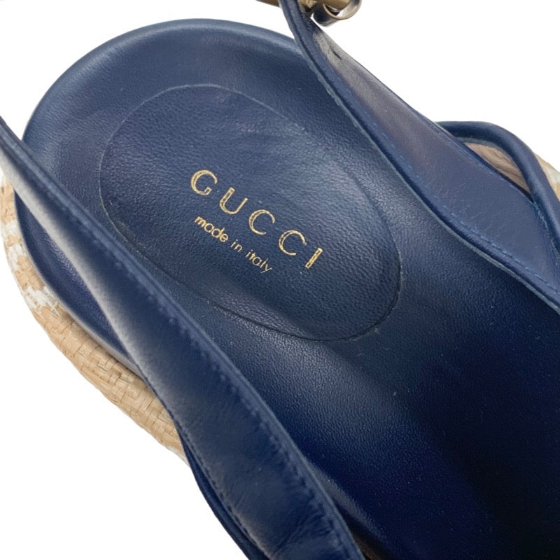 Gucci Sandals, Shoes, Leather, Straws, Beige, Navy, White, GG Logo, Thick Sole, Platform, Slingback