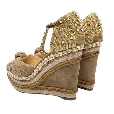 Christian Louboutin MADCARINA 120 Sandals Shoes Suede Brown Gold Unused Spikes Studs Wedge Sole