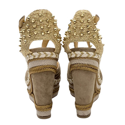 Christian Louboutin MADCARINA 120 Sandals Shoes Suede Brown Gold Unused Spikes Studs Wedge Sole