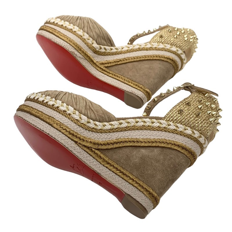 Christian Louboutin MADCARINA 120 Sandals Shoes Suede Brown Gold Unused Spikes Studs Wedge Sole