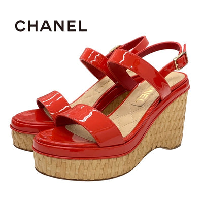 Chanel Sandals Shoes Patent Straw Red Beige White Coco Mark Wedge Sole