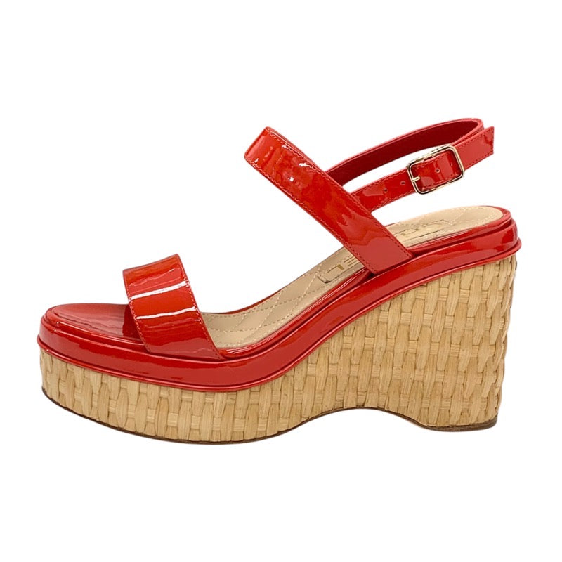 Chanel Sandals Shoes Patent Straw Red Beige White Coco Mark Wedge Sole