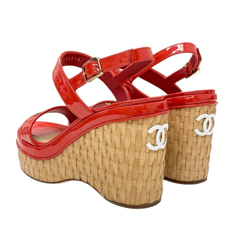 Chanel Sandals Shoes Patent Straw Red Beige White Coco Mark Wedge Sole