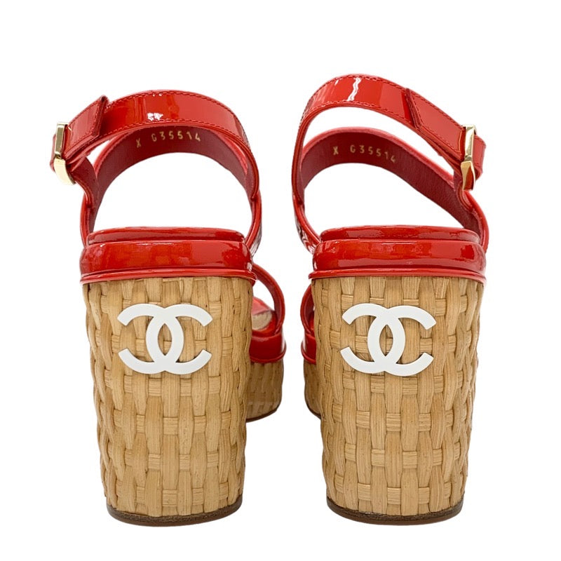 Chanel Sandals Shoes Patent Straw Red Beige White Coco Mark Wedge Sole