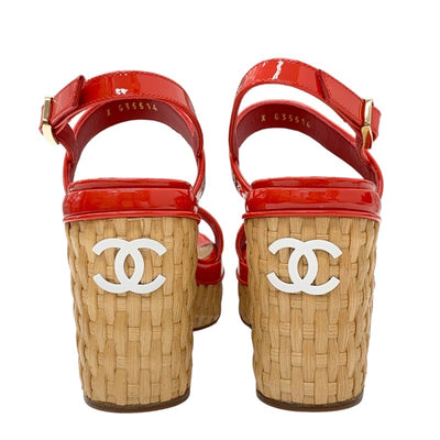 Chanel Sandals Shoes Patent Straw Red Beige White Coco Mark Wedge Sole