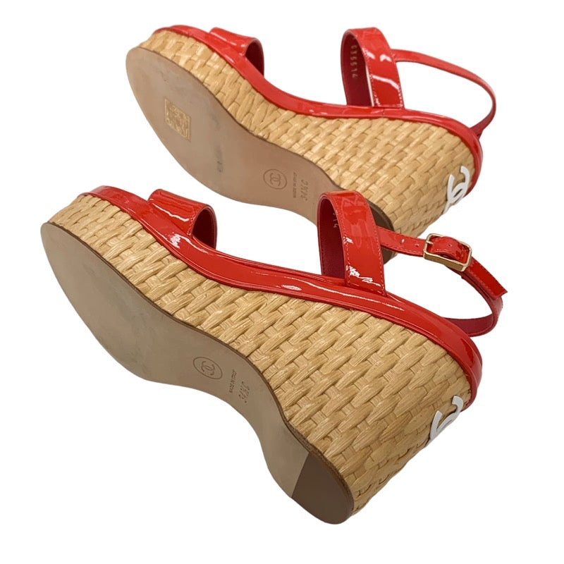 Chanel Sandals Shoes Patent Straw Red Beige White Coco Mark Wedge Sole