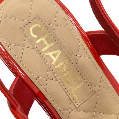 Chanel Sandals Shoes Patent Straw Red Beige White Coco Mark Wedge Sole