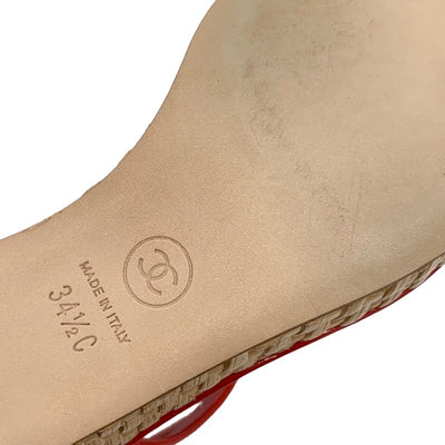 Chanel Sandals Shoes Patent Straw Red Beige White Coco Mark Wedge Sole