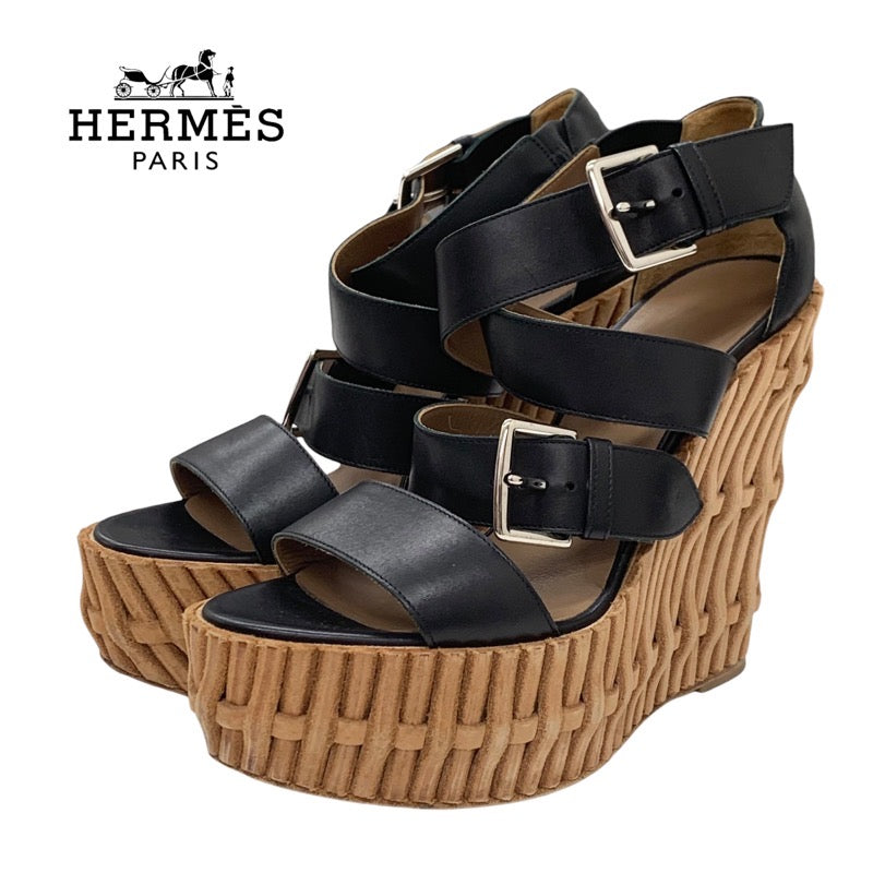 Hermes HERMES Sandals Shoes Leather Black Wedge Sole Belt