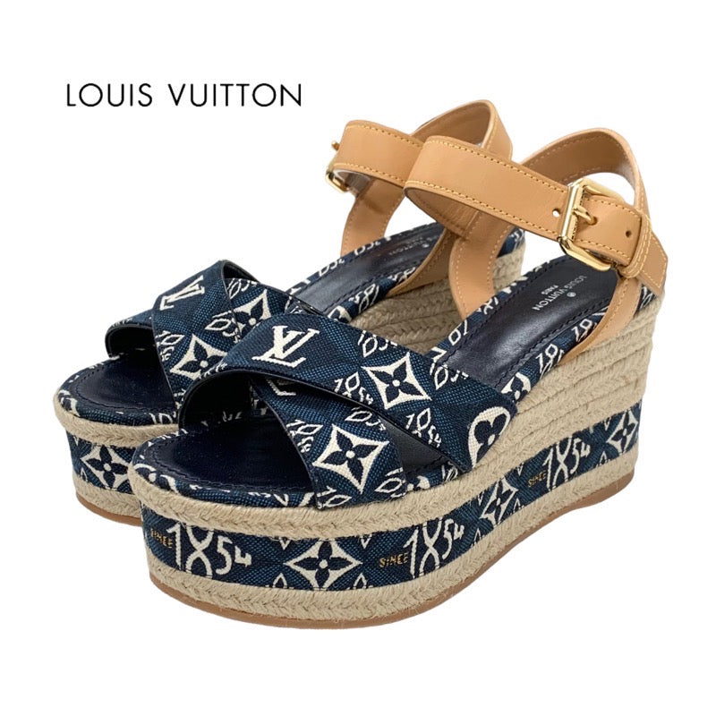 Louis Vuitton Boundary Line Monogram Sandals Shoes Denim Navy Espadrille Wedge Sole since1854