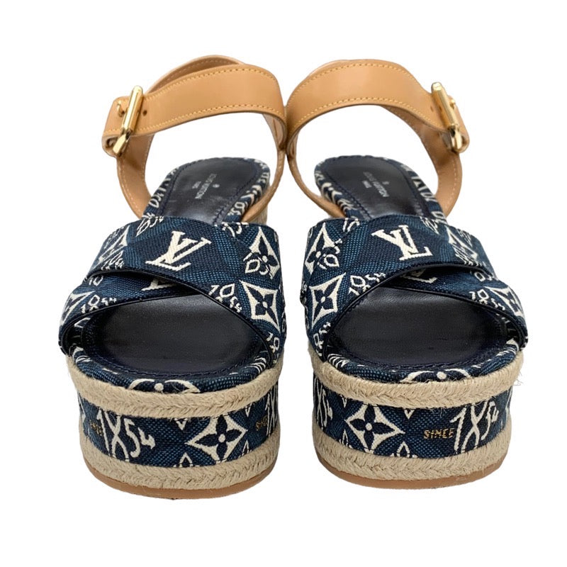 Louis Vuitton Boundary Line Monogram Sandals Shoes Denim Navy Espadrille Wedge Sole since1854