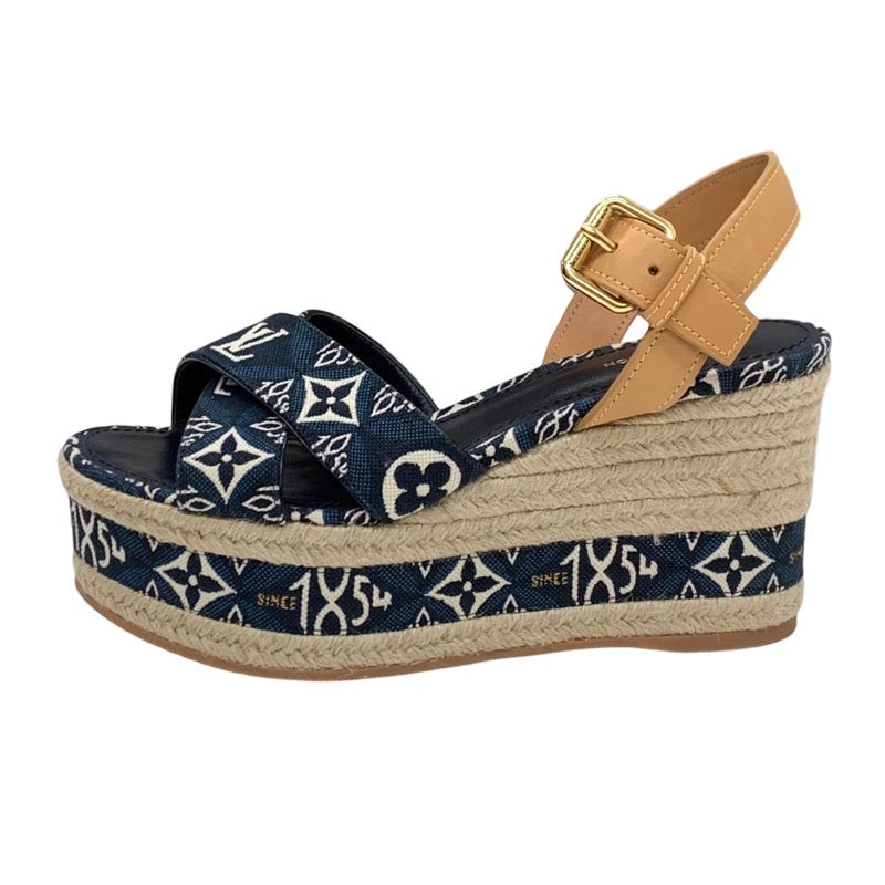 Louis Vuitton Boundary Line Monogram Sandals Shoes Denim Navy Espadrille Wedge Sole since1854