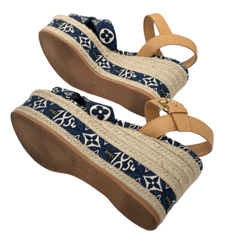 Louis Vuitton Boundary Line Monogram Sandals Shoes Denim Navy Espadrille Wedge Sole since1854