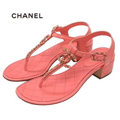 Chanel Sandals, Shoes, Leather, Pink, Gold, Tong Sandals, Coco Mark, Chain