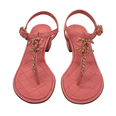 Chanel Sandals, Shoes, Leather, Pink, Gold, Tong Sandals, Coco Mark, Chain