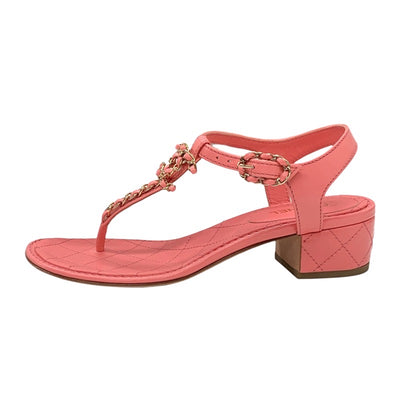 Chanel Sandals, Shoes, Leather, Pink, Gold, Tong Sandals, Coco Mark, Chain