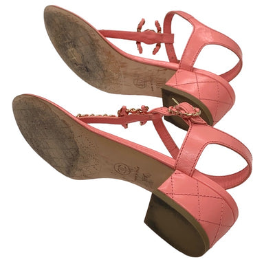 Chanel Sandals, Shoes, Leather, Pink, Gold, Tong Sandals, Coco Mark, Chain