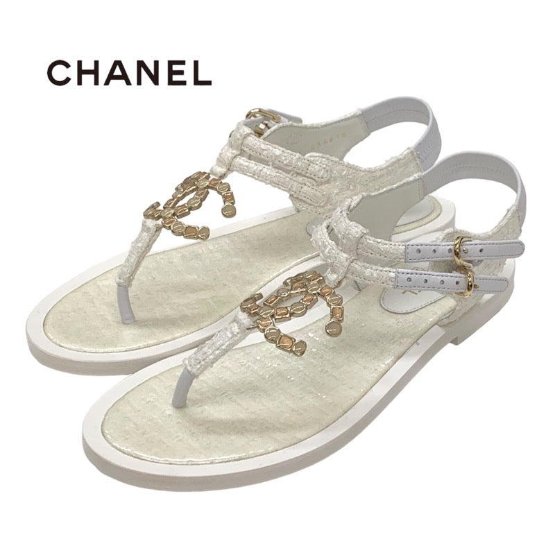 Chanel CHANEL sandals, shoes, fabric, white, unused, tweed, coco mark, stone, tong sandals, flat sandals