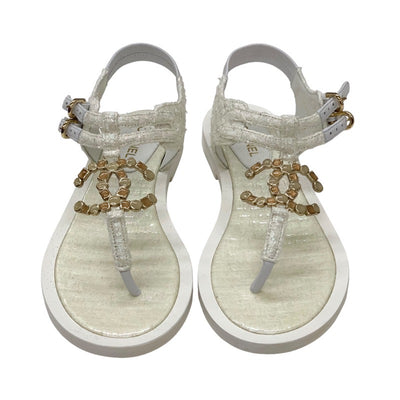 Chanel CHANEL sandals, shoes, fabric, white, unused, tweed, coco mark, stone, tong sandals, flat sandals