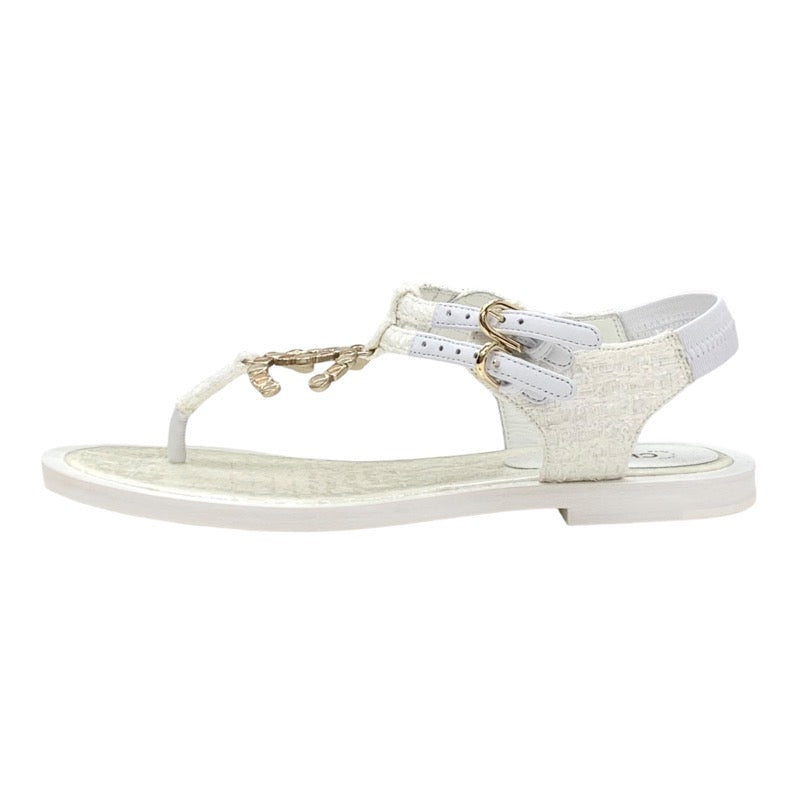 Chanel CHANEL sandals, shoes, fabric, white, unused, tweed, coco mark, stone, tong sandals, flat sandals