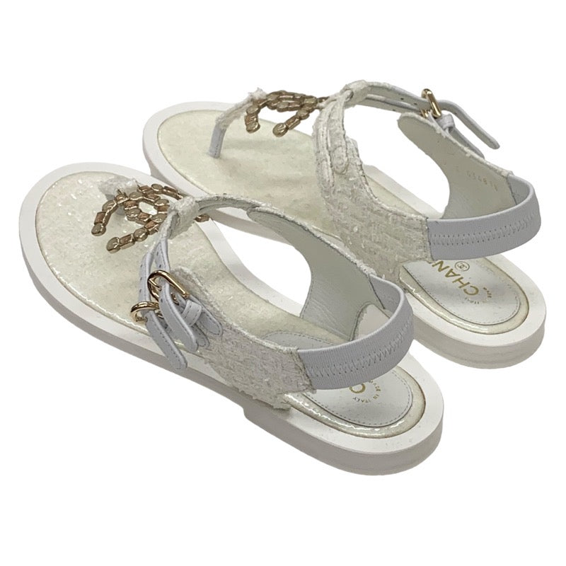 Chanel CHANEL sandals, shoes, fabric, white, unused, tweed, coco mark, stone, tong sandals, flat sandals